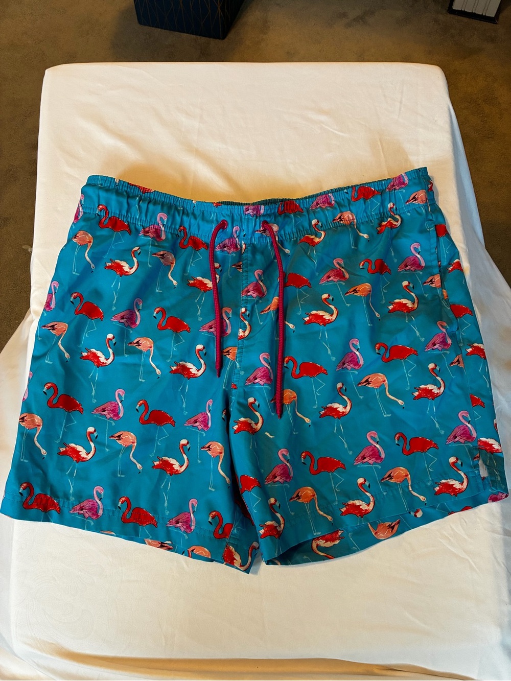 George Teal Swim Trunks with Pink & Red Flamingo Print